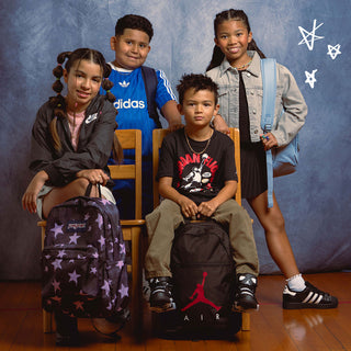 Kids wearing back-to-school outfits with backpacks