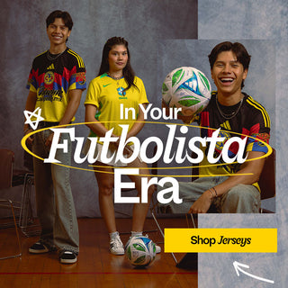 Young adults wearing soccer jerseys with 'In Your Futbolista Era' text and Shop Jerseys button.