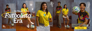 Young adults wearing soccer jerseys with 'In Your Futbolista Era' text and Shop Jerseys button.