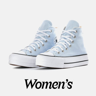 Light blue high-top sneakers with white laces on a light gray background, featuring the word 'Women's'.