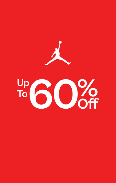 Red background with Jordan logo and 'Up To 60% Off' text