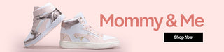 Pair of high-top shoes with 'Mommy & Me' text and 'Shop Now' button on a pink background