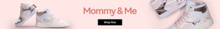 Pair of high-top sneakers with 'Mommy & Me' text and 'Shop Now' button on a pink background