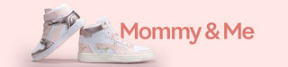 Pair of high-top sneakers with 'Mommy & Me' text on a pink background