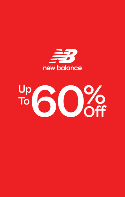New Balance promotional banner with 60% off text on a red background