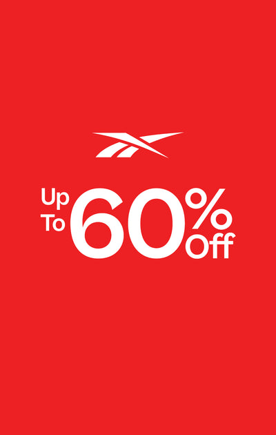 Red background with Reebok logo and 'Up To 60% Off' text