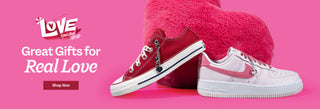Red and white sneakers with a pink background and 'LOVE' branding.